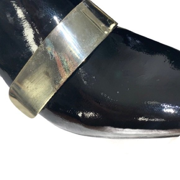 Zara Black/Gold Patent Leather Side Zip Almond Toe Chunky Block Heel Ankle Boots - Picture 9 of 11